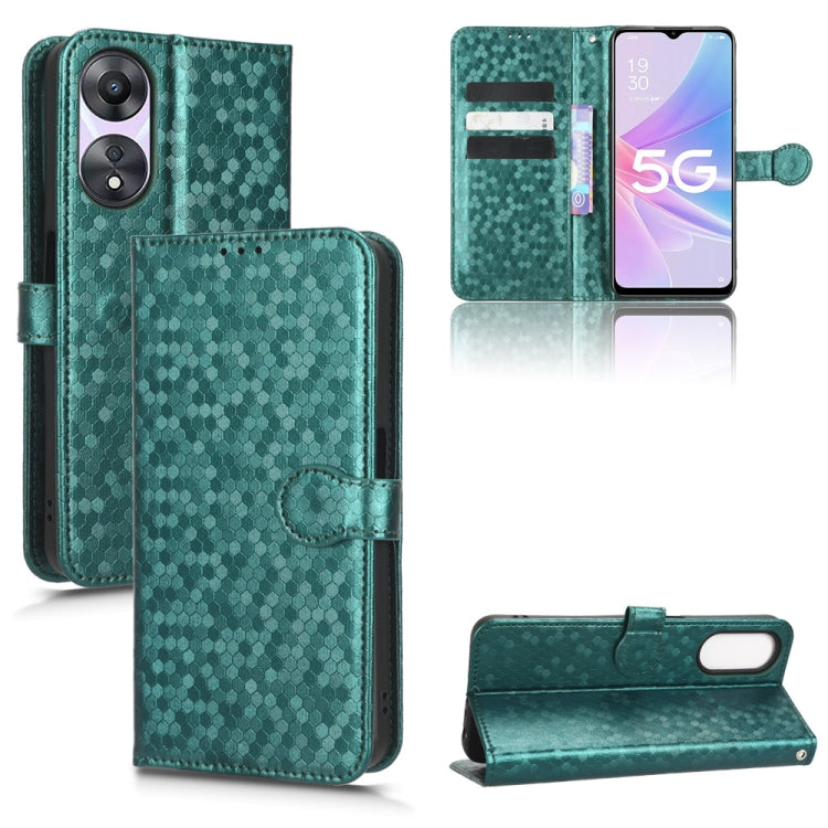 Green honeycomb dot leather flip phone case with side strap and card slots