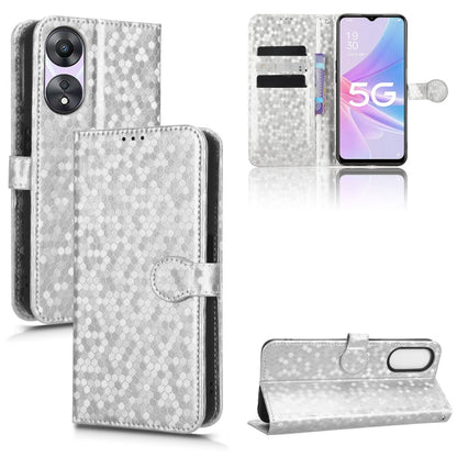 Silver honeycomb dot leather wallet phone case with card slots and kickstand.