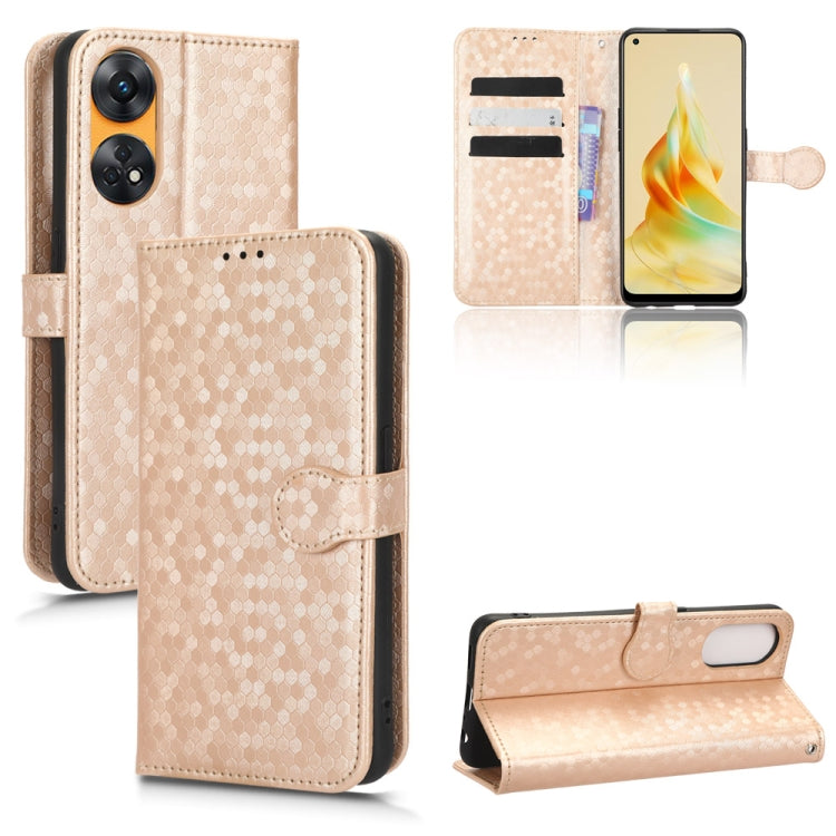 Beige honeycomb dot leather folio case with wallet window, card slots, and flip stand