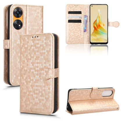 Beige honeycomb dot leather folio case with wallet window, card slots, and flip stand