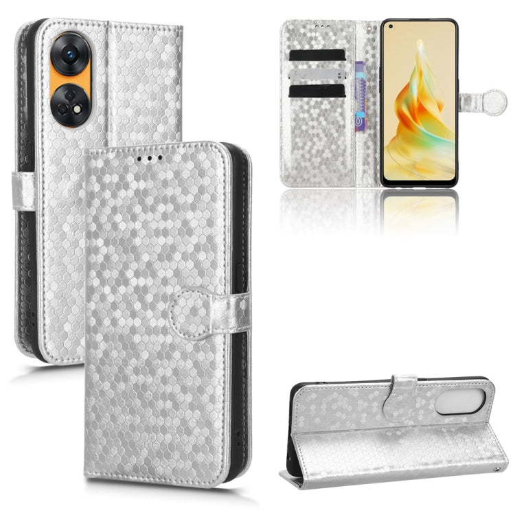 Silver honeycomb dot leather wallet phone case with magnetic flap and card holder.