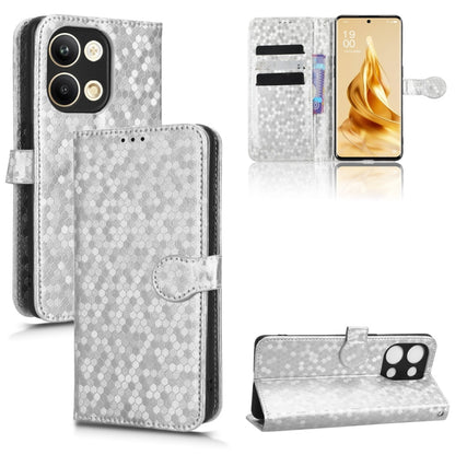 Silver honeycomb dot leather wallet phone case with flip cover and interior card slots.