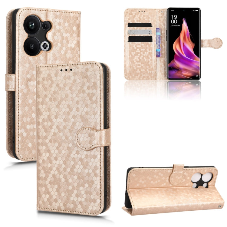 Beige honeycomb dot leather phone case with front cover, card slots, and camera cutout