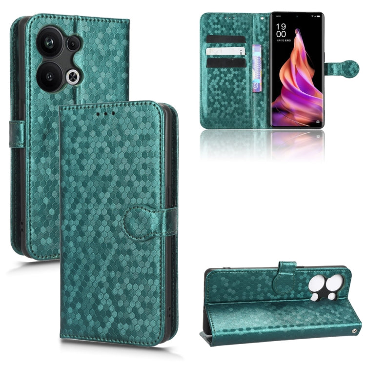 Honeycomb dot leather phone case, teal folio with front flip cover and card slots, cutout for camera
