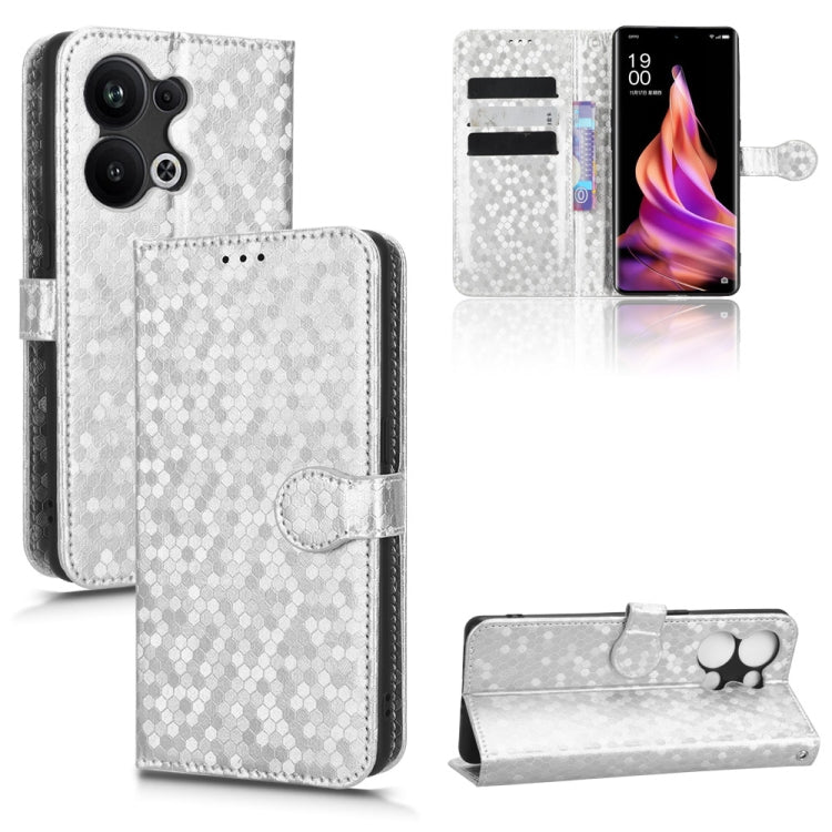 Silver honeycomb-dot leather phone wallet case with magnetic flap, card slots, stand
