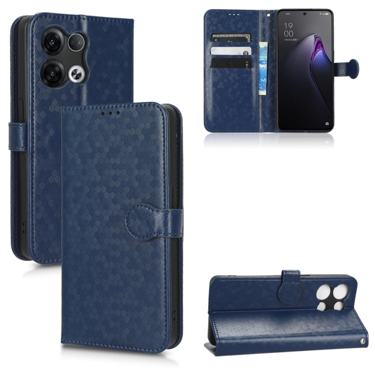 Blue honeycomb dot leather wallet phone case with folio flap and camera cutout