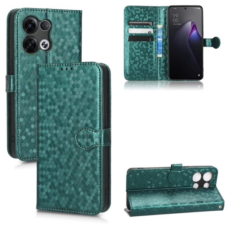 Honeycomb dot leather phone case, teal folio wallet style, card slots and flip cover, stand-ready