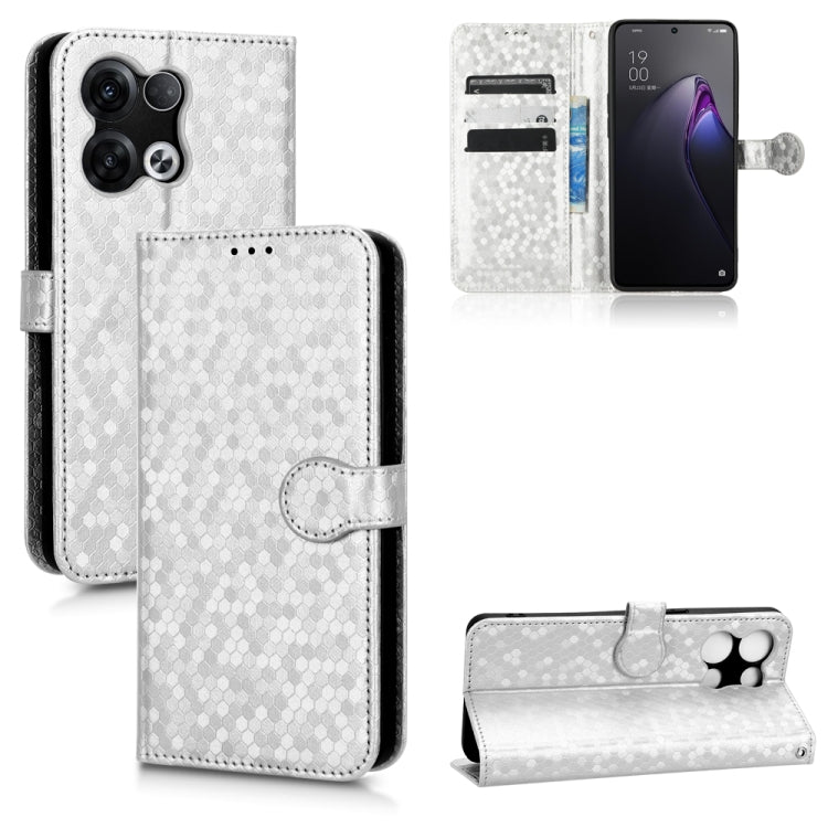 Silver honeycomb-dot leather phone wallet case with round clasp strap, card slots, stand