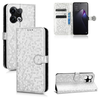 Silver honeycomb-dot leather phone wallet case with round clasp strap, card slots, stand