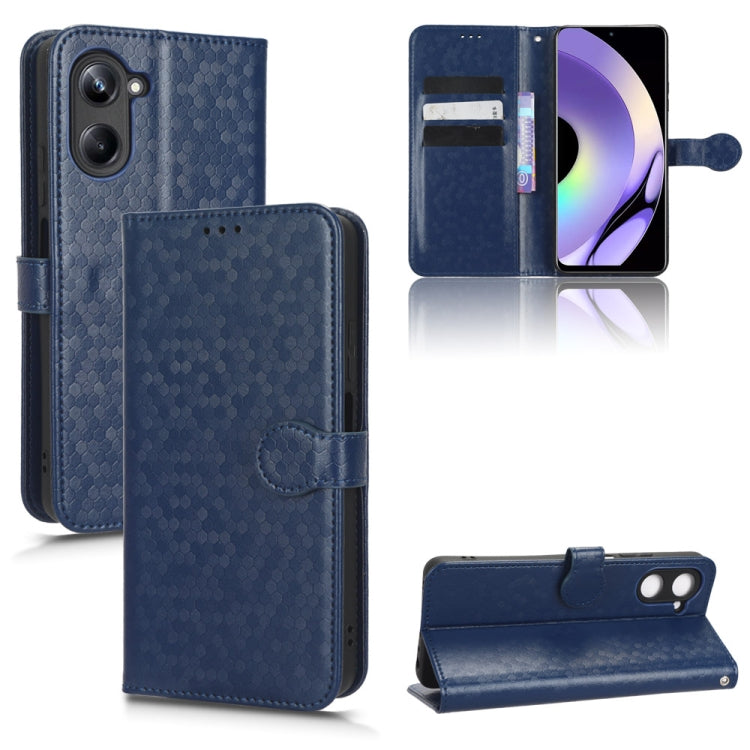 Blue honeycomb dot leather wallet phone case with flip cover and side button openings