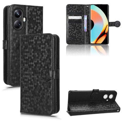 Black honeycomb dot leather wallet phone case with folio flap, card slots, and strap