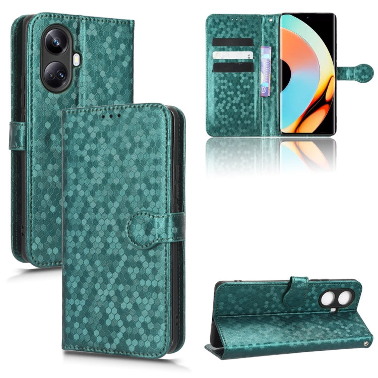 Honeycomb dot leather phone case, teal folio with hand loop, card slots, and flip cover
