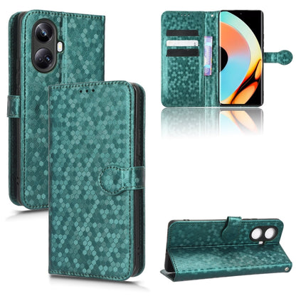 Honeycomb dot leather phone case, teal folio with hand loop, card slots, and flip cover