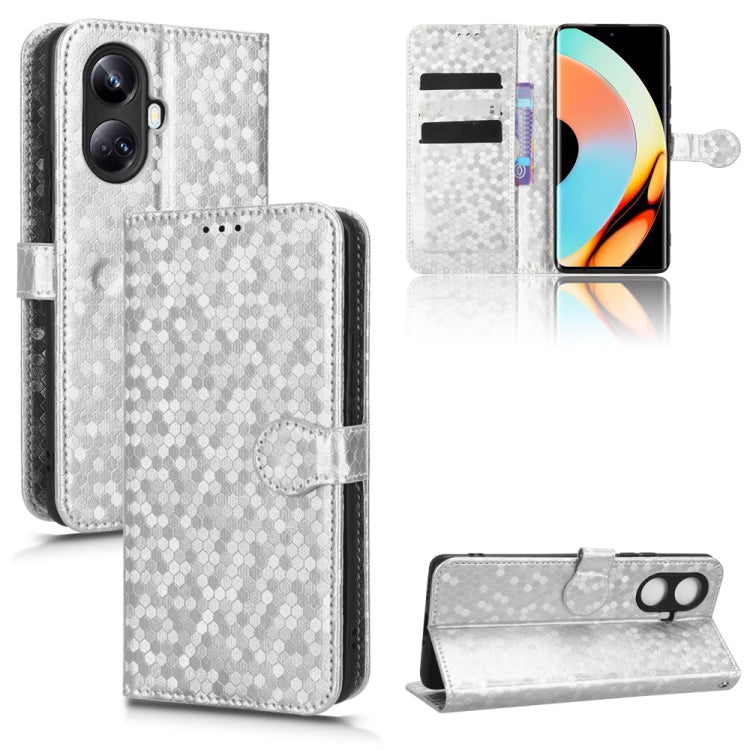 Silver honeycomb-dot leather phone wallet case with magnetic closure and front pocket