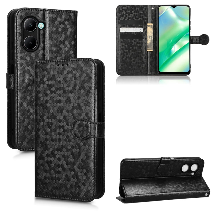 Black honeycomb dot leather wallet phone case with folio flap and card slots