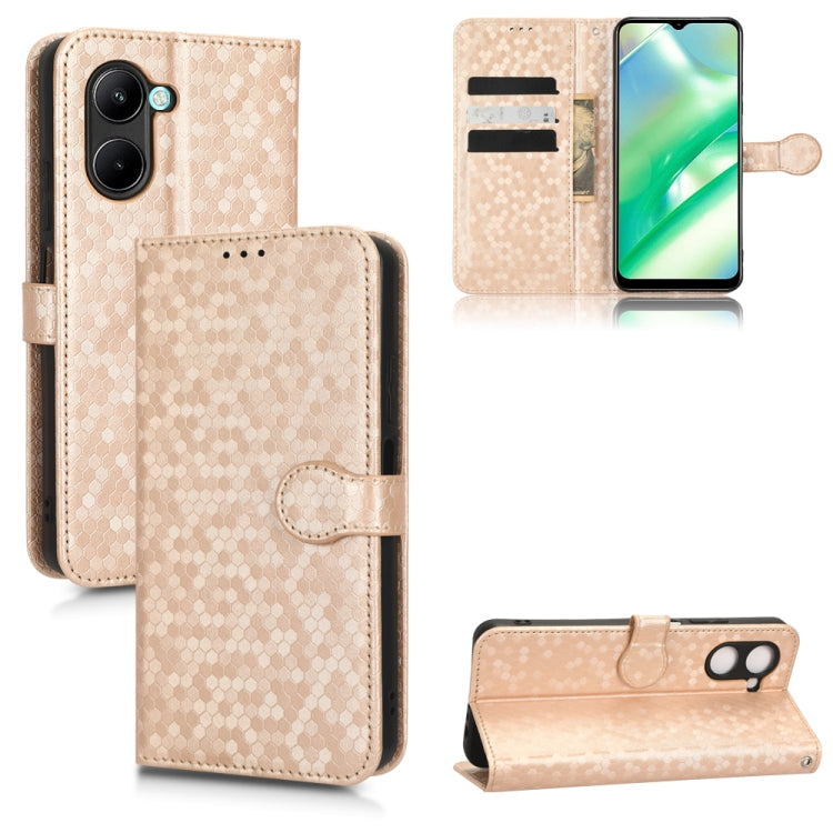 Beige honeycomb dot leather phone wallet case with card slots and magnetic stand flap