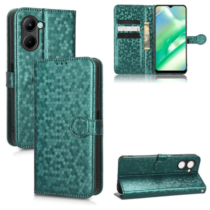 Honeycomb dot leather phone case, teal folio wallet, card slots visible, flip cover