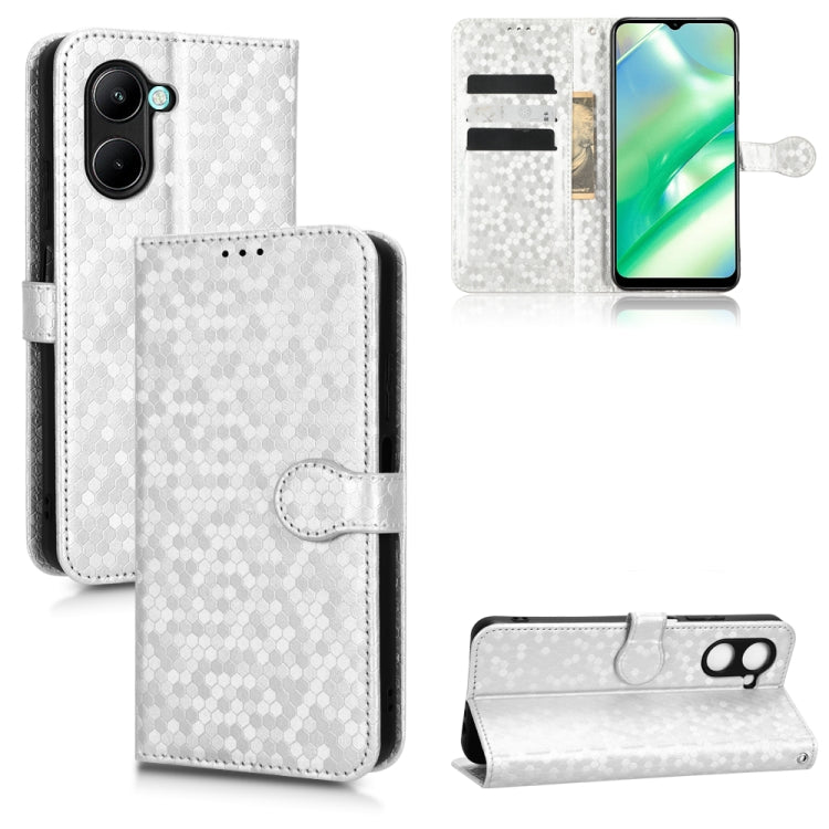 Silver honeycomb-dot leather phone wallet case with round clasp tab and card slots
