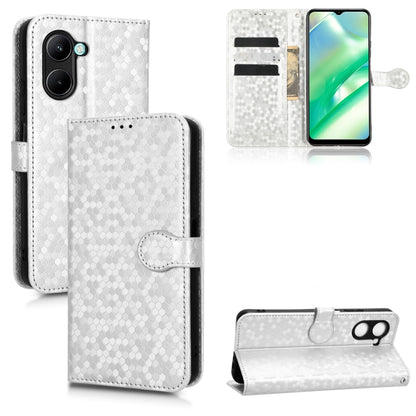 Silver honeycomb-dot leather phone wallet case with round clasp tab and card slots