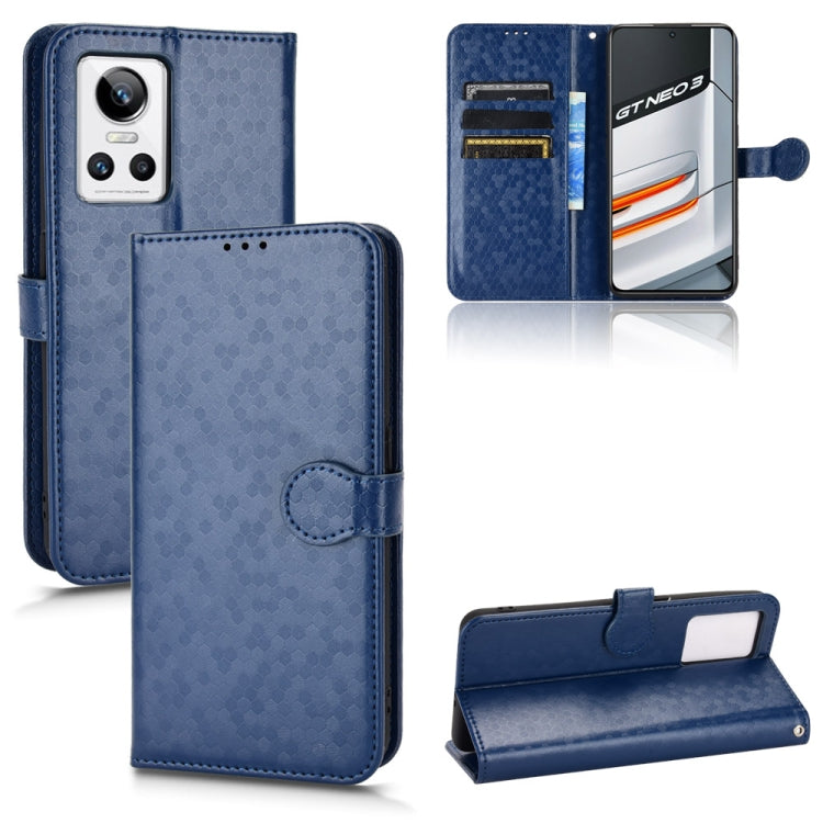 Blue leather phone case with honeycomb dot texture, flip cover and side strap