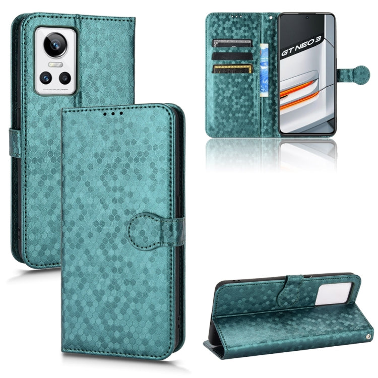 Honeycomb dot leather phone case, teal folio with textured grip, card slots, flip cover cutouts