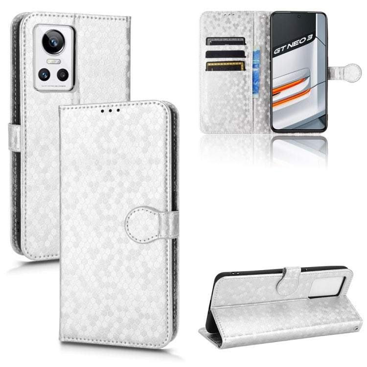 Silver honeycomb-dot leather phone wallet case with card slots, magnetic flap, stand