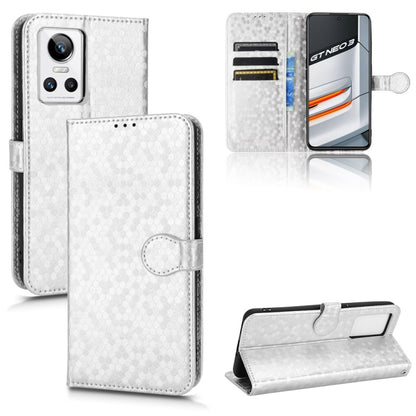 Silver honeycomb-dot leather phone wallet case with card slots, magnetic flap, stand