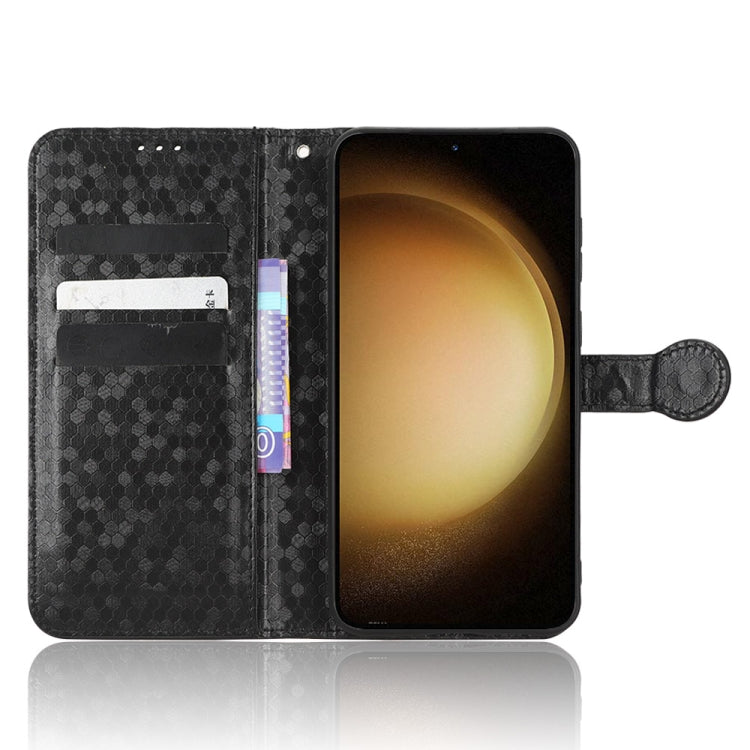 Black honeycomb dot leather folio phone case open view with card slots and wrist strap