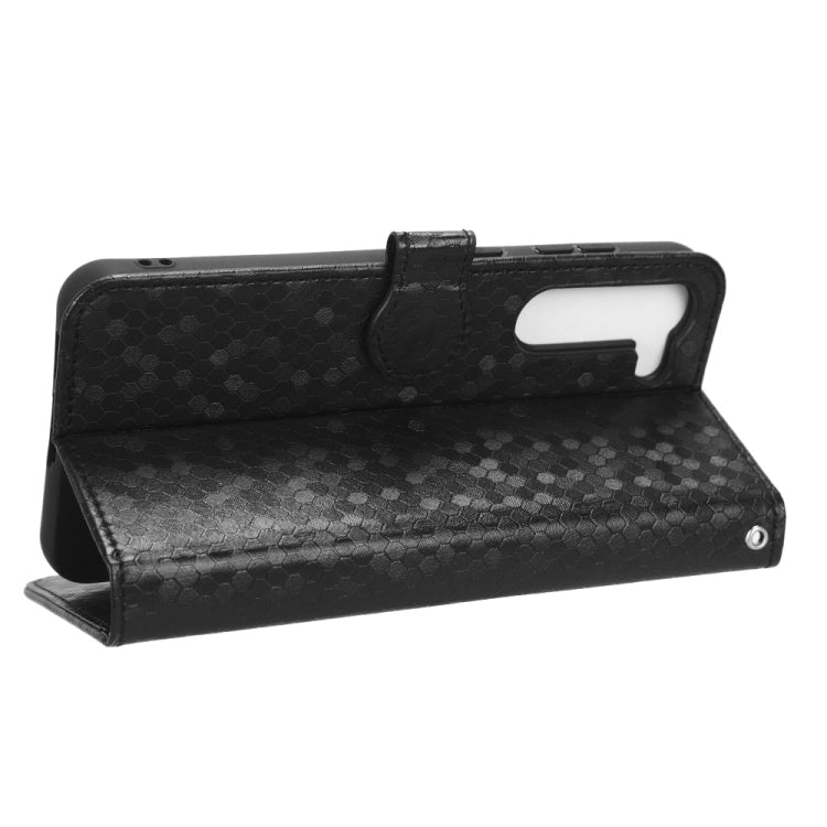 Black honeycomb dot leather phone case with kickstand and front cover cutout