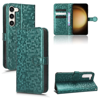 Teal honeycomb dot leather wallet phone case with card slots and kickstand.