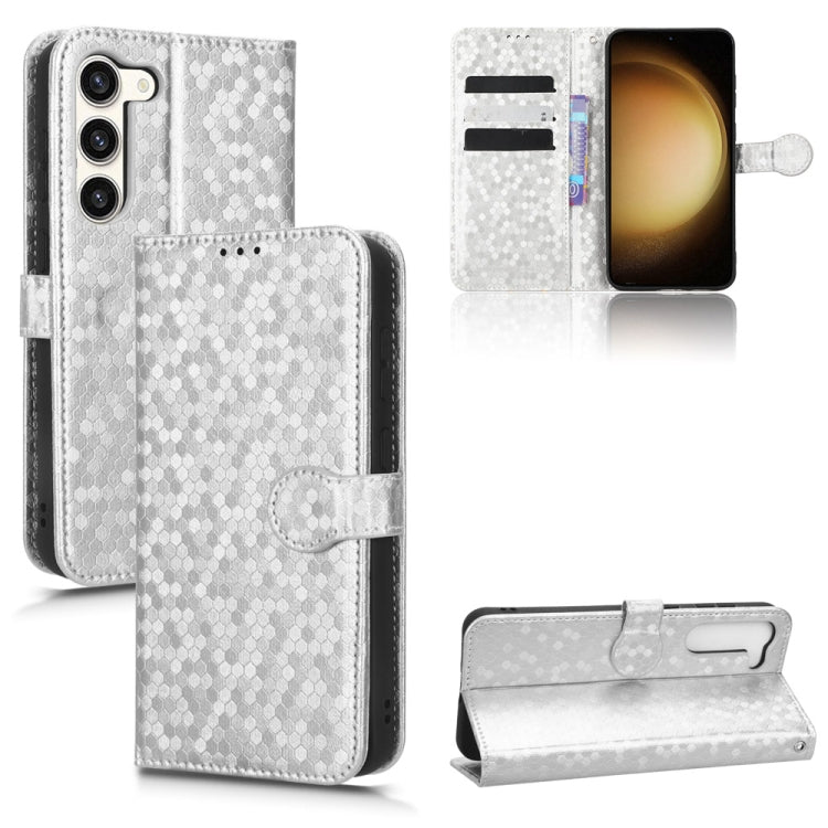 Silver honeycomb-dot leather folio phone case with magnetic closure and kickstand