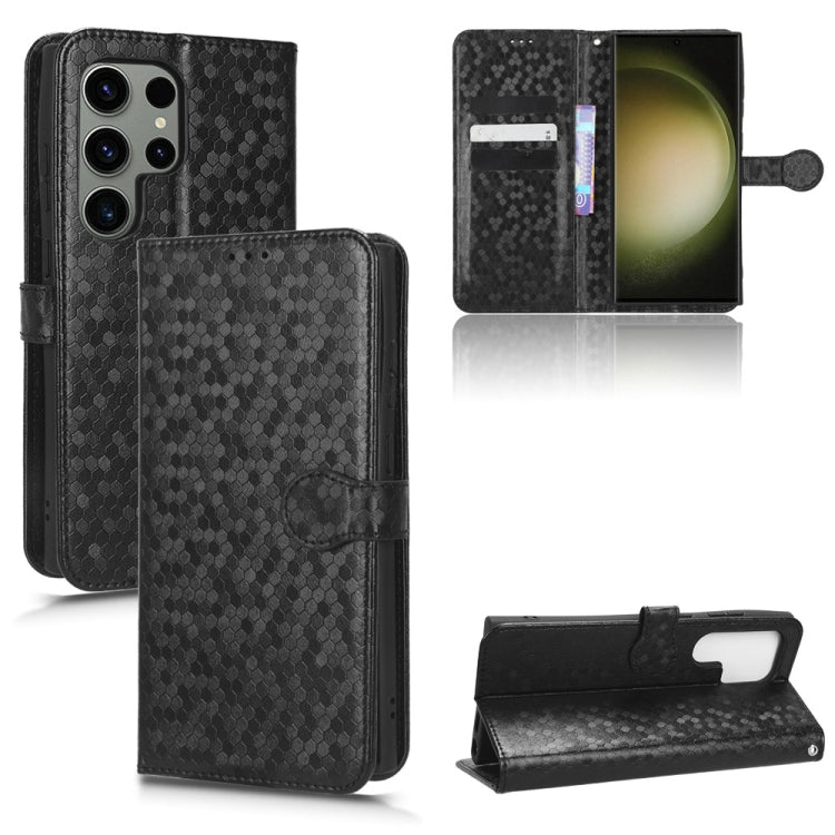 Black honeycomb dot leather folio phone case with open card area and kickstand view