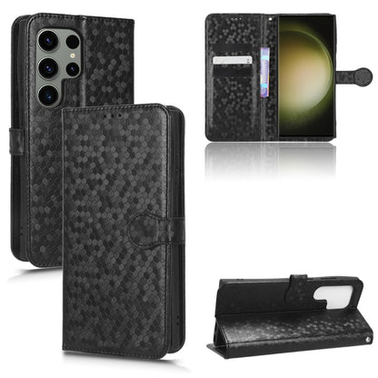 Black honeycomb dot leather folio phone case with open card area and kickstand view