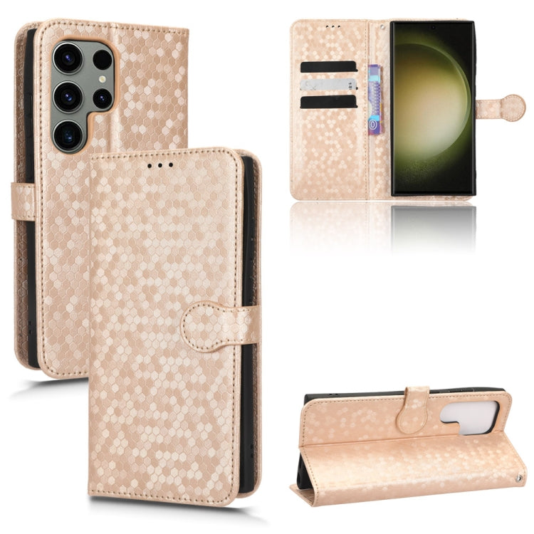 Honeycomb dot leather wallet phone case in beige with folio flap, card slots, and strap