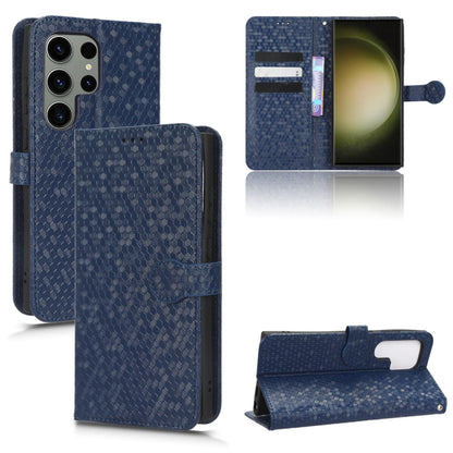 Blue leather phone case with honeycomb dot texture, back camera cover and flip wallet