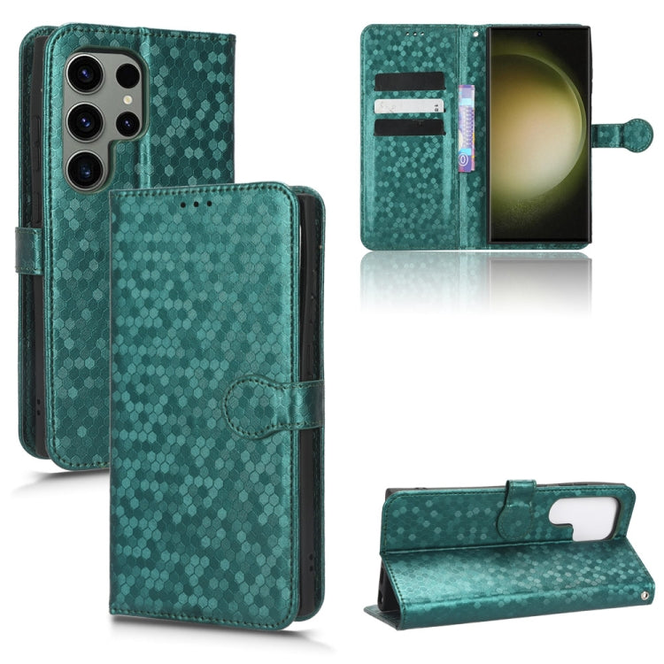 Teal honeycomb dot leather wallet phone case with card slots, flip cover, kickstand.