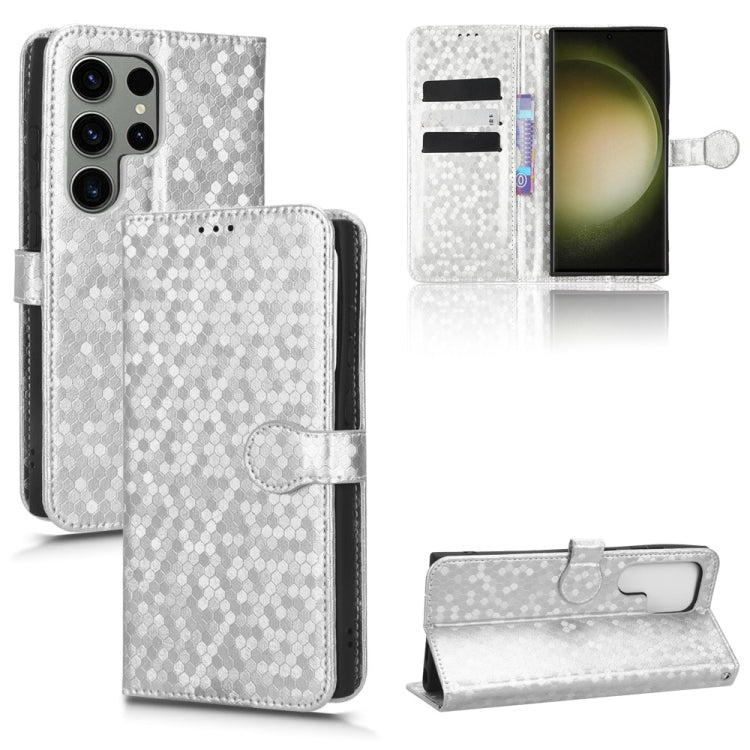 Silver honeycomb-dot leather phone wallet case with card slots, magnetic flap, stand