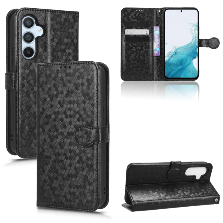 Black honeycomb dot leather phone case with folio cover, card slots, and front kickstand