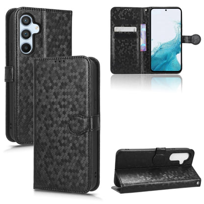 Black honeycomb dot leather phone case with folio cover, card slots, and front kickstand