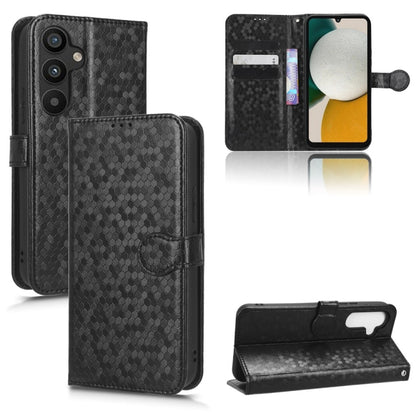Black honeycomb dot leather phone case with folio cover and side wrist strap attachment