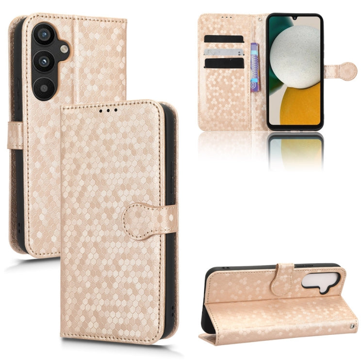 Beige honeycomb dot leather wallet phone case with folio stand, card slots, and strap