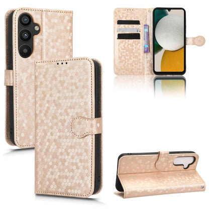 Beige honeycomb dot leather wallet phone case with folio stand, card slots, and strap