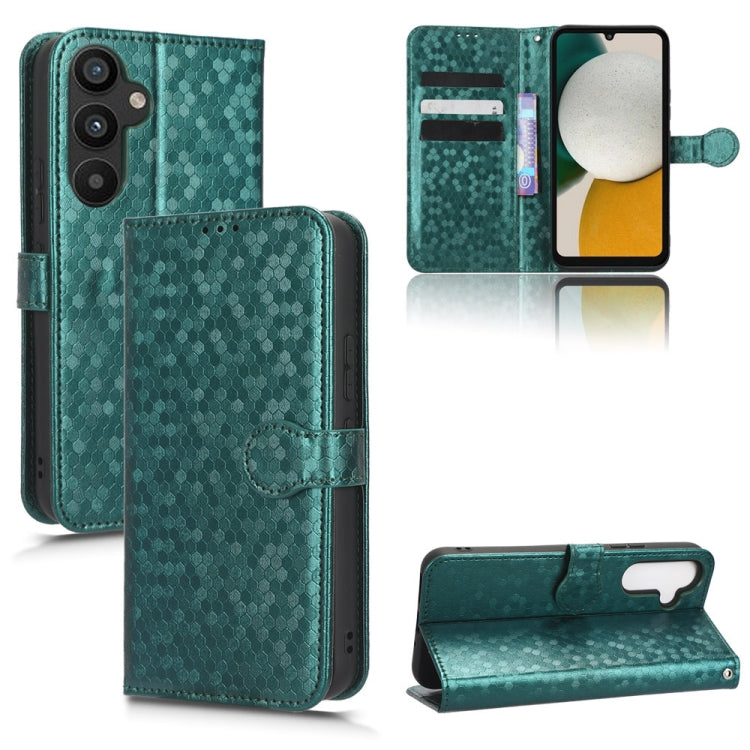 Teal honeycomb dot leather wallet phone case with card holder and kickstand.