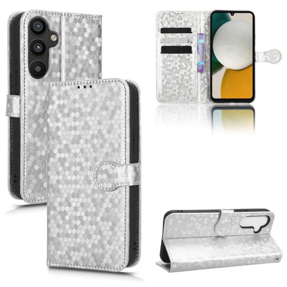 Gray honeycomb dot leather wallet phone case with magnetic flap, wrist strap, card slots