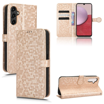 Beige honeycomb dot leather wallet phone case with folio flap, card slots, and wrist strap