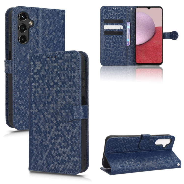 Blue leather flip phone case with honeycomb dot texture and fold-out viewing stand