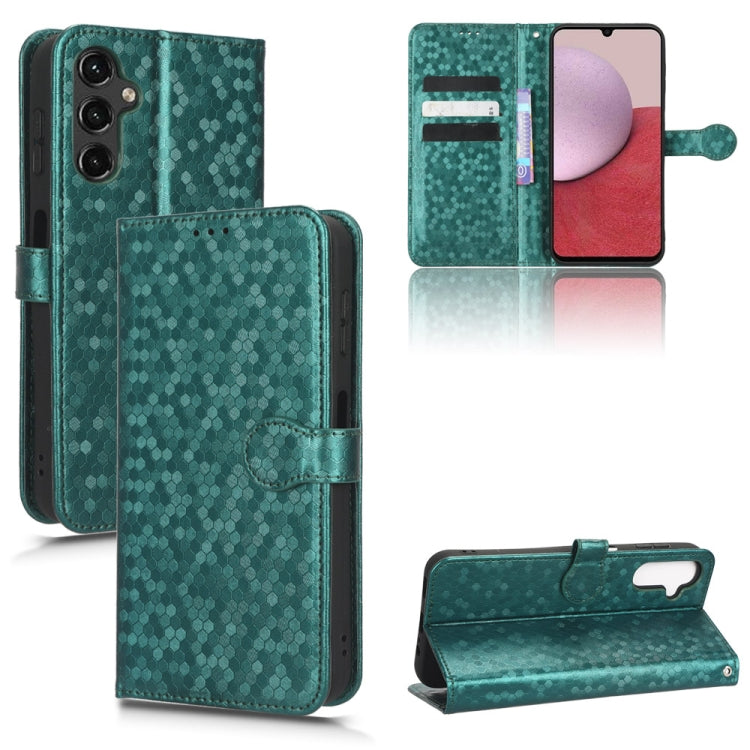 Teal honeycomb dot leather wallet phone case with textured pattern and kickstand.