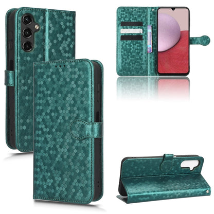 Teal honeycomb dot leather wallet phone case with textured pattern and kickstand.