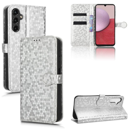 Gray honeycomb dot leather folio phone case with magnetic closure, wrist strap, card pockets