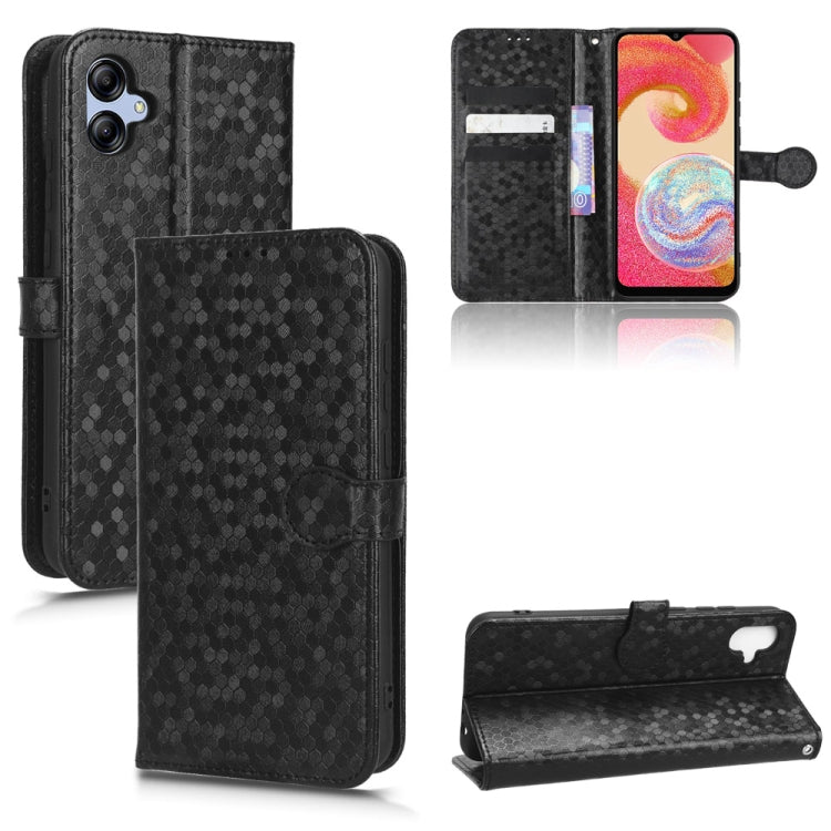 Black honeycomb dot leather phone case with front flap, card slot, and cutouts